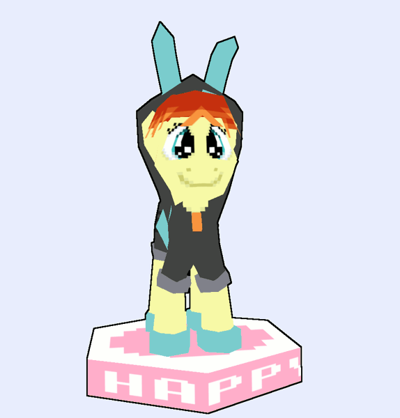 Size: 926x968 | Tagged: safe, artist:fillerartist, derpibooru import, oc, oc:film flick, unofficial characters only, earth pony, pony, 3d, animated, birthday, bunny ears, cel shading, clothes, costume, dangerous mission outfit, female, hoodie, low poly, mare, misspelling, present, solo, typo fix