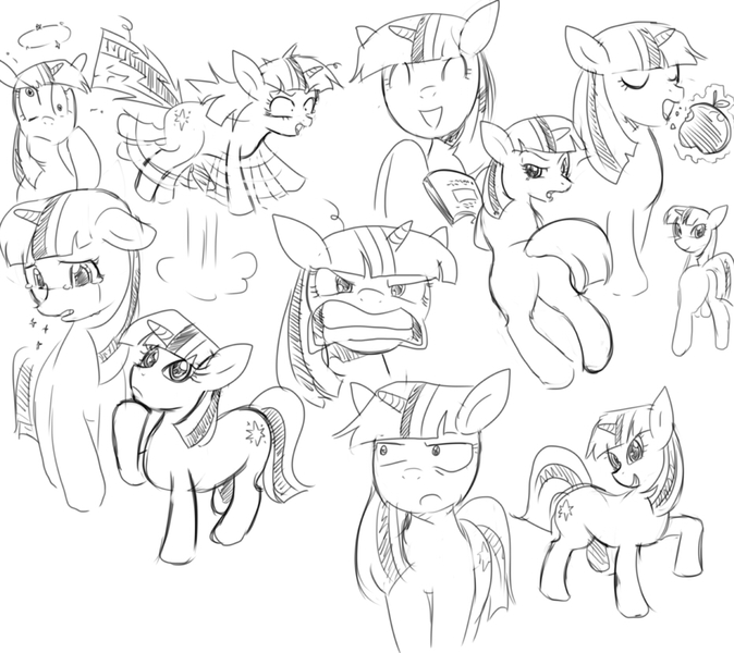 Size: 930x828 | Tagged: angry, annoyed, apple, artist:freedomthai, confused, crying, derpibooru import, expressions, food, monochrome, safe, sketch, sketch dump, twilight sparkle