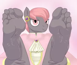 Size: 950x800 | Tagged: anonymous artist, anthro, barefoot, derpibooru import, feet, feet up, female, foot fetish, foot focus, high arches, legs in air, looking at you, plantigrade anthro, prim hemline, soles, solo, solo female, suggestive, toes