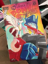 Size: 900x1200 | Tagged: safe, artist:tonyfleecs, derpibooru import, idw, princess celestia, spoiler:comic, crossover, optimus prime, traditional art, transformers