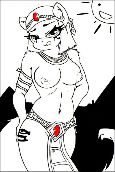 Size: 402x604 | Tagged: dead source, questionable, artist:karakylia, derpibooru import, oc, unofficial characters only, anthro, :p, belly button, big nipples, breasts, clothes, egyptian, female, jewelry, licking, licking lips, loincloth, looking at you, nipples, solo, solo female, tongue out, topless