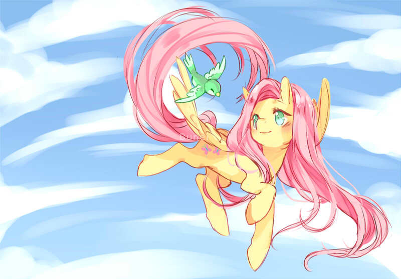 Size: 1382x964 | Tagged: safe, artist:egg-tartbunny, derpibooru import, fluttershy, bird, pegasus, pony, blushing, cloud, cute, female, flying, mare, shyabetes, sky, solo, spread wings, wings