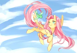 Size: 1382x964 | Tagged: safe, artist:egg-tartbunny, derpibooru import, fluttershy, bird, pegasus, pony, blushing, cloud, cute, female, flying, mare, shyabetes, sky, solo, spread wings, wings