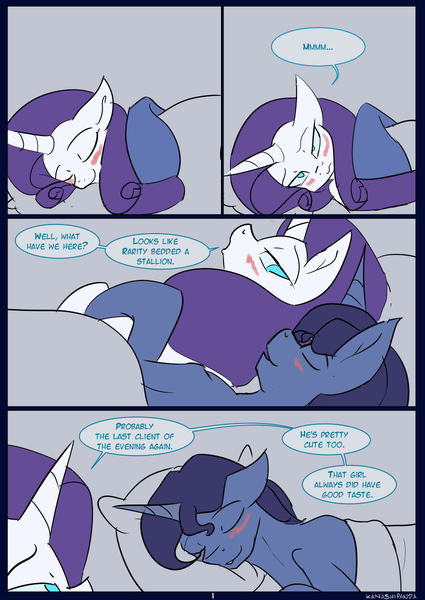 Size: 850x1200 | Tagged: suggestive, artist:kanashiipanda, derpibooru import, night light, rarity, comic:royal business trip, adultery, bed, blushing, comic, image, infidelity, png, sleeping