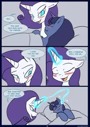 Size: 850x1200 | Tagged: suggestive, artist:kanashiipanda, derpibooru import, night light, rarity, comic:royal business trip, adultery, bed, blushing, comic, image, infidelity, magic, png, sleeping