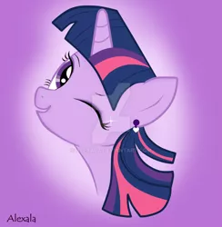 Size: 900x923 | Tagged: artist:alexala, bedroom eyes, derpibooru import, ear piercing, earring, jewelry, piercing, safe, solo, twilight sparkle, watermark, wink