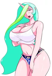 Size: 1360x1990 | Tagged: artist:kabutoro, belly button, big breasts, blushing, breast hold, breasts, busty princess celestia, cleavage, clothes, daisy dukes, derpibooru import, female, hair over one eye, horned humanization, huge breasts, human, humanized, jeans, midriff, pants, princess celestia, shorts, simple background, solo, solo female, suggestive, white background