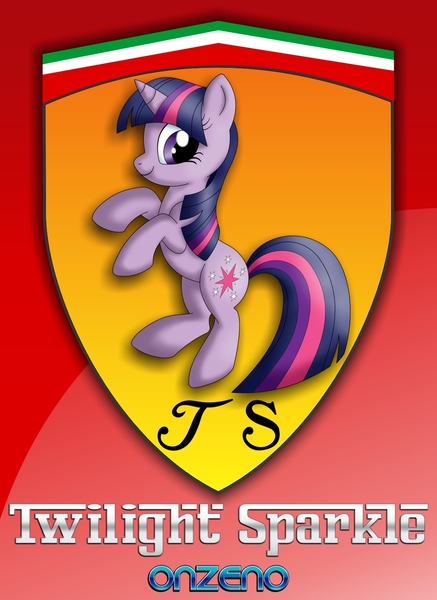 Size: 1000x1373 | Tagged: safe, artist:onzeno, derpibooru import, twilight sparkle, ferrari, logo, rearing, solo