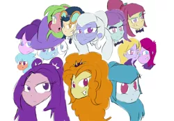 Size: 1024x714 | Tagged: safe, artist:mildockart, derpibooru import, adagio dazzle, aria blaze, frosty orange, fuchsia blush, indigo zap, lavender lace, lemon zest, sonata dusk, sour sweet, starlight glimmer, sugarcoat, sunny flare, trixie, equestria girls, background human, bust, crystal prep shadowbolts, female, headphones, simple background, the dazzlings, trixie and the illusions, white background