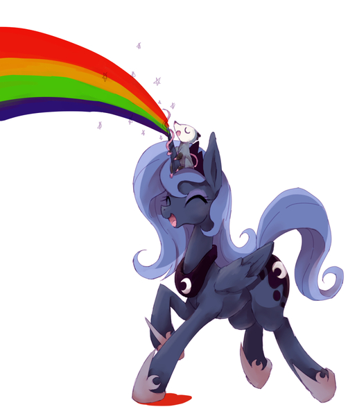 Size: 800x957 | Tagged: artist:kolshica, cute, derpibooru import, eyes closed, happy, open mouth, princess luna, rainbow, raised hoof, s1 luna, safe, simple background, smiling, tiberius, white