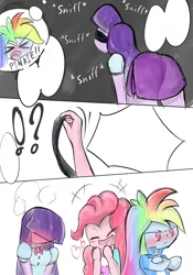 Size: 1400x2000 | Tagged: suggestive, artist:fromamida, derpibooru import, pinkie pie, rainbow dash, twilight sparkle, equestria girls, blindfold, blushing, dialogue, female, lesbian, plot, shipping, sniffing, twidash, twidashpie, twinkie