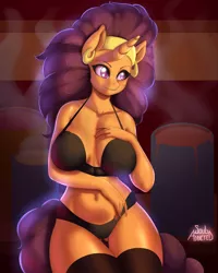 Size: 4000x5000 | Tagged: absurd resolution, anthro, arm under breasts, artist:souladdicted, belly button, big breasts, black underwear, bra, breasts, busty saffron masala, chef, cleavage, clothes, curvy, derpibooru import, ear piercing, earring, female, hand on chest, indian, jewelry, panties, piercing, saffron masala, seductive pose, sexy, sitting, solo, solo female, spice up your life, stockings, stupid sexy saffron masala, suggestive, thigh highs, underwear