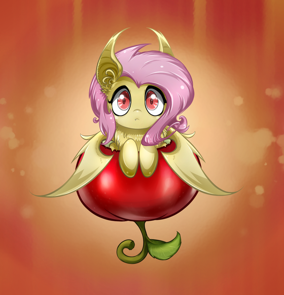 Size: 1512x1575 | Tagged: safe, artist:malifikyse, derpibooru import, fluttershy, bat pony, pony, apple, chest fluff, cute, cute little fangs, ear fluff, fangs, flutterbat, food, looking at you, race swap, shyabates, shyabetes, solo