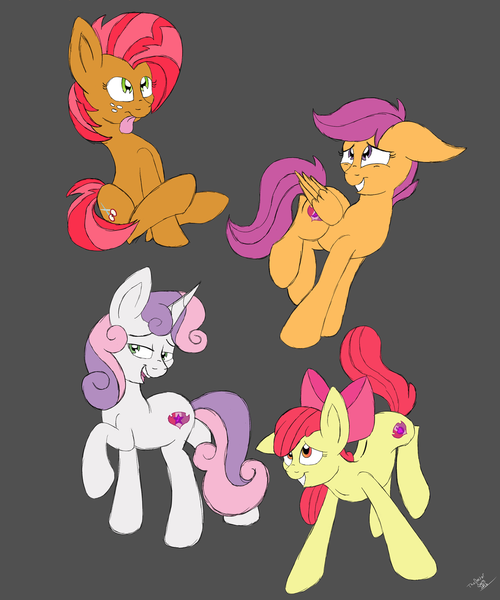 Size: 1024x1229 | Tagged: safe, artist:theartistsora, derpibooru import, apple bloom, babs seed, scootaloo, sweetie belle, :p, cute, cutie mark, cutie mark crusaders, floppy ears, gray background, grin, lidded eyes, looking up, raised hoof, simple background, sitting, smiling, squee, the cmc's cutie marks, tongue out