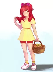 Size: 733x1000 | Tagged: apple, apple bloom, artist:yanabau, basket, bow, clothes, compression shorts, derpibooru import, dress, food, freckles, hair bow, human, humanized, looking at you, red hair, safe, shoes, sneakers, solo