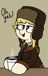 Size: 527x837 | Tagged: artist:coatieyay, clothes, coat, coffee, derpibooru import, dialogue, hat, march gustysnows, necktie, safe, solo, steam, ushanka