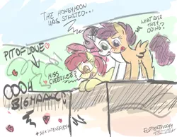 Size: 2873x2235 | Tagged: suggestive, artist:flutterthrash, derpibooru import, apple bloom, big macintosh, cheerilee, scootaloo, sweetie belle, earth pony, pegasus, pony, unicorn, hearts and hooves day (episode), 30 minute art challenge, blushing, cheerimac, cutie mark crusaders, dialogue, female, filly, hearts and hooves day, implied sex, male, mlp rewind art challenge, shipping, stallion, straight, voyeur, voyeurism