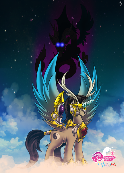 Size: 1024x1422 | Tagged: safe, artist:mauroz, derpibooru import, discord, alicorn, pony, armor, pony discord, solo, yin-yang