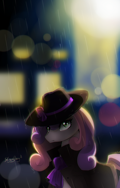 Size: 768x1200 | Tagged: artist:skyeypony, bust, city, cloak, clothes, depth of field, derpibooru import, detective, hat, lens flare, noir, older sweetie belle, portrait, rain, safe, solo, sweetie belle, trenchcoat, wide-brimmed hat