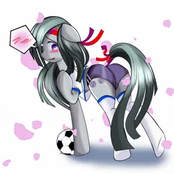 Size: 1504x1504 | Tagged: artist:0ryomamikado0, blushing, clothes, cute, derpibooru import, female, football, looking at you, marblebetes, marble pie, plot, shorts, shy, solo, solo female, suggestive, tail wrap, t-shirt