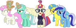 Size: 8910x3346 | Tagged: safe, artist:8-notes, derpibooru import, lemon hearts, lyra heartstrings, minuette, moondancer, twinkleshine, alicorn, pony, absurd resolution, alicornified, alternate universe, clothes, cute, eyes closed, glasses, group, happy, magic, open mouth, race swap, raised hoof, sweater, turtleneck