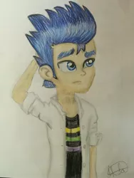 Size: 2448x3264 | Tagged: safe, artist:shabrina025, derpibooru import, flash sentry, equestria girls, adrien agreste, chat noir, clothes, crayon drawing, crossover, frown, miraculous ladybug, raised eyebrow, redraw, solo, traditional art