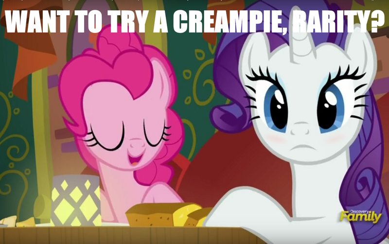 Size: 1230x772 | Tagged: blushing, derpibooru import, discovery family logo, double entendre, edit, edited screencap, image macro, innuendo, meme, misunderstanding, pinkie pie, rarity, screencap, spice up your life, suggestive