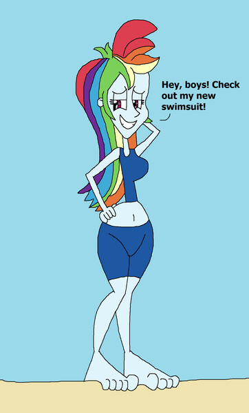 Size: 1313x2177 | Tagged: safe, artist:hunterxcolleen, derpibooru import, rainbow dash, human, equestria girls, 1000 hours in ms paint, beach, belly button, clothes, dialogue, feet, humanized, ms paint, pose, shorts, sports shorts, stylistic suck, swimsuit, talking