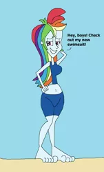 Size: 1313x2177 | Tagged: safe, artist:hunterxcolleen, derpibooru import, rainbow dash, human, equestria girls, 1000 hours in ms paint, beach, belly button, clothes, dialogue, feet, humanized, ms paint, pose, shorts, sports shorts, stylistic suck, swimsuit, talking