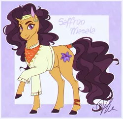 Size: 1024x992 | Tagged: safe, artist:hariamart, derpibooru import, saffron masala, pony, unicorn, spice up your life, clothes, colored hooves, cute, ear piercing, earring, female, jewelry, leg fluff, mare, piercing, saffronbetes, signature, solo