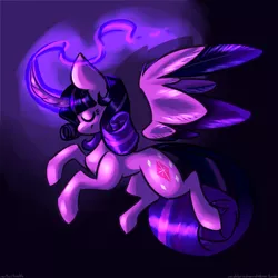 Size: 2500x2500 | Tagged: safe, artist:ogaraorcynder, derpibooru import, rarity, twilight sparkle, twilight sparkle (alicorn), alicorn, pony, rartwi, curved horn, eyes closed, female, floating wings, flying, fusion, glowing horn, magic, mare, rarilight, solo