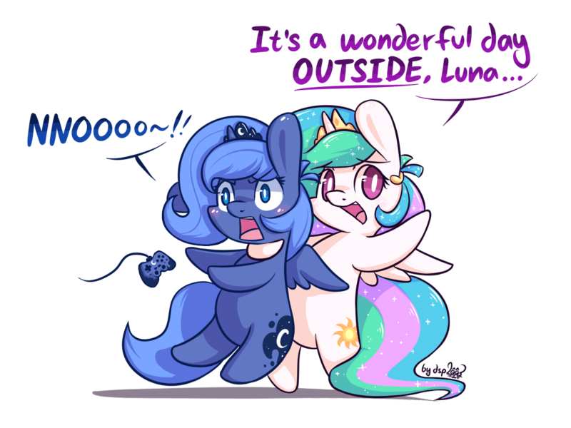 Size: 1280x960 | Tagged: safe, artist:dsp2003, derpibooru import, princess celestia, princess luna, pony, gamer luna, bipedal, chibi, controller, gamer woona, open mouth, simple background, style emulation, transparent background