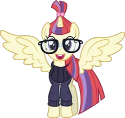 Size: 5896x5601 | Tagged: safe, artist:8-notes, derpibooru import, moondancer, alicorn, pony, :d, absurd resolution, alicornified, alternate universe, clothes, cute, female, glasses, happy, looking at you, mare, moondancercorn, open mouth, ponyscape, race swap, simple background, smiling, solo, spread wings, sweater, transparent background, turtleneck, uvula, vector, wings