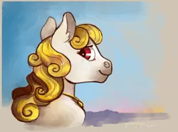 Size: 1244x926 | Tagged: safe, artist:spectralunicorn, derpibooru import, oc, oc:yellowstar, unofficial characters only, earth pony, pony, bust, horizon, jewelry, looking at you, necklace, portrait, sky, smiling, solo