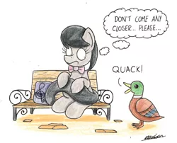 Size: 1867x1506 | Tagged: safe, artist:bobthedalek, derpibooru import, octavia melody, bird, duck, earth pony, mallard, pony, animal, bench, bowtie, duo, fear, female, holding tail, male, mare, open beak, quack, scared, simple background, solo, traditional art, white background
