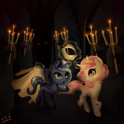 Size: 1000x1000 | Tagged: artist:yuntaoxd, candle, candlelight, castle, castle of the royal pony sisters, cewestia, crossover, cute, derpibooru import, female, filly, filly celestia, filly luna, hall of hooves, hallway, levitation, looking back, magic, open mouth, phantom of the opera, pink-mane celestia, princess celestia, princess luna, raised hoof, raised leg, safe, smiling, telekinesis, walking, woona, younger