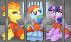 Size: 1935x1159 | Tagged: safe, artist:pearlyiridescence, derpibooru import, rainbow dash, spitfire, twilight sparkle, twilight sparkle (alicorn), alicorn, pony, bound wings, chains, clothes, cross-popping veins, cuffs, jail, jumpsuit, prison, prison outfit, prisoner, prisoner rd, prisoner ts, squee