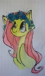 Size: 600x1000 | Tagged: safe, artist:eatmydustjon, derpibooru import, fluttershy, bust, floral head wreath, folded wings, lined paper, looking up, portrait, solo, traditional art, watermark