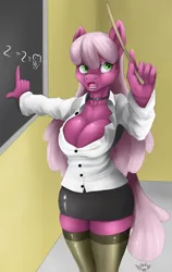 Size: 1663x2628 | Tagged: dead source, suggestive, artist:vd-dv, derpibooru import, cheerilee, anthro, earth pony, big breasts, breasts, busty cheerilee, chalkboard, cleavage, clothes, female, food, math, miniskirt, muffin, sexy, skirt, socks, solo, solo female, stockings, thigh highs, tube skirt, tube socks, unbuttoned, zettai ryouiki