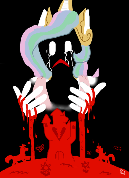 Size: 1696x2333 | Tagged: anthro, artist:theoneguy, bird, blood, butterfly, castle, crying, dark, derpibooru import, face, flower, grimdark, hand, happy, jewelry, princess celestia, simple background, white eyes