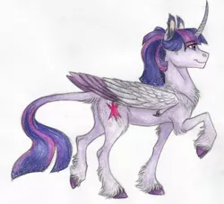 Size: 1024x933 | Tagged: safe, artist:biakela, derpibooru import, twilight sparkle, twilight sparkle (alicorn), alicorn, classical unicorn, pony, chest fluff, cloven hooves, colored wings, colored wingtips, curved horn, ear fluff, leonine tail, raised hoof, raised leg, simple background, smiling, solo, traditional art, unshorn fetlocks