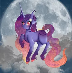 Size: 1600x1642 | Tagged: safe, artist:niniibear, derpibooru import, oc, unofficial characters only, original species, adoptable, cloud, cute, dark, ear fluff, fluffy, galaxy mane, galaxy pony, hooves, moon, night, solo, space, space pony, sunset, unshorn fetlocks