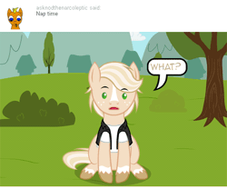 Size: 540x450 | Tagged: safe, artist:aha-mccoy, derpibooru import, oc, oc:jay aaron mclovin, unofficial characters only, earth pony, pony, nopony-ask-mclovin, animated, ask, male, solo, speech bubble, stallion, tranquilizer, tranquilizer dart, tumblr