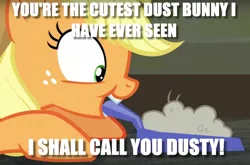 Size: 1168x772 | Tagged: applejack, cute, derpibooru import, dust, dustpan, edit, edited screencap, image macro, meme, safe, screencap, smiling, the saddle row review