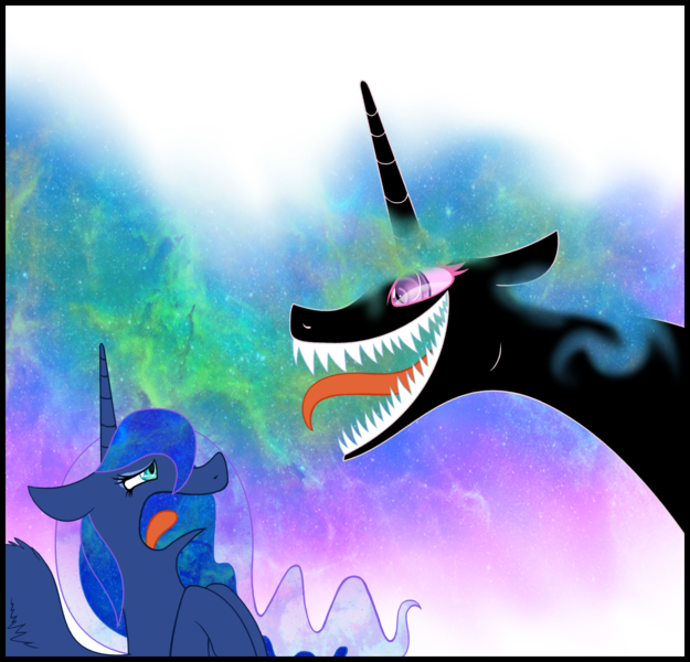 Size: 1500x1440 | Tagged: semi-grimdark, artist:xxinfamouswormxx, derpibooru import, princess celestia, princess luna, corrupted, crazy face, evil, evil celestia, faic, headcanon, missing accessory, nightmare fuel, scared, sharp teeth, tongue out