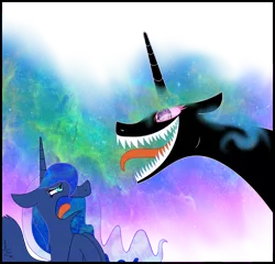 Size: 1500x1440 | Tagged: semi-grimdark, artist:xxinfamouswormxx, derpibooru import, princess celestia, princess luna, corrupted, crazy face, evil, evil celestia, faic, headcanon, missing accessory, nightmare fuel, scared, sharp teeth, tongue out