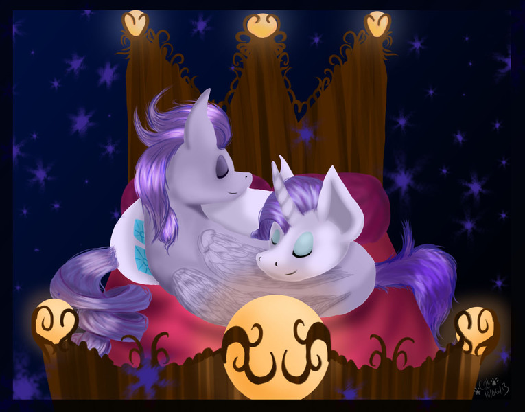 Size: 1344x1054 | Tagged: safe, artist:zeramist, derpibooru import, rarity, oc, oc:kydose, bed, canon x oc, female, love, male, night, raridose, romantic, shipping, snuggling, stars, straight