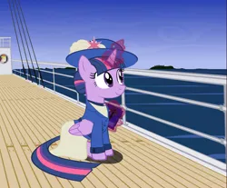 Size: 3377x2791 | Tagged: safe, artist:gennadykalugina, derpibooru import, fluttershy, twilight sparkle, twilight sparkle (alicorn), alicorn, pony, alternate hairstyle, boat, female, folded wings, glowing horn, hair bun, hat, horn, magic, mare, solo, sun hat, telekinesis, vector