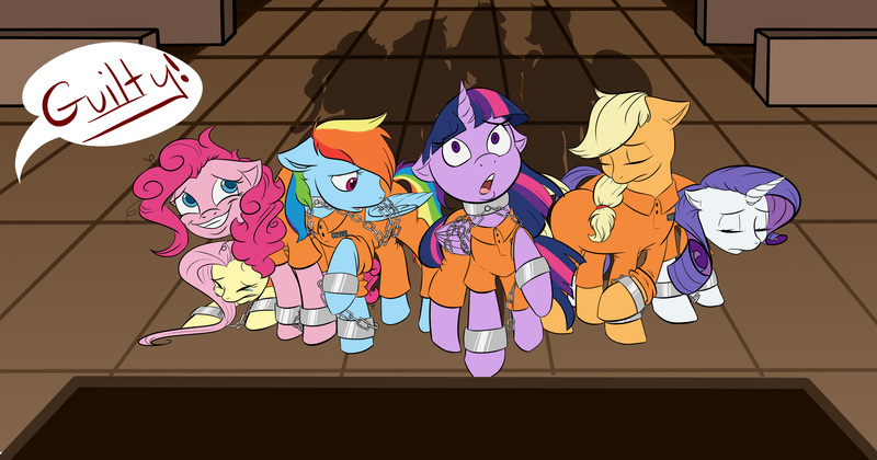 Size: 4791x2514 | Tagged: safe, artist:mama_monstrosity, derpibooru import, applejack, fluttershy, pinkie pie, rainbow dash, rarity, twilight sparkle, twilight sparkle (alicorn), alicorn, pony, abuse, bound wings, clothes, court, courtroom, crying, guilty, mane six, nervous grin, prison outfit, prisoner, prisoner rd, prisoner ts, sad, shackles, this will end in jail time, twilybuse, wide eyes