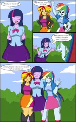 Size: 709x1127 | Tagged: safe, artist:tfsubmissions, derpibooru import, part of a set, rainbow dash, sunset shimmer, twilight sparkle, human, equestria girls, breasts, busty rainbow dash, busty sunset shimmer, busty twilight sparkle, clothes, comic, female, football, hug, male to female, one eye closed, part of a series, rule 63, skirt, sparkling knowledge (comic), transformation, transgender transformation, trio, waving, wink